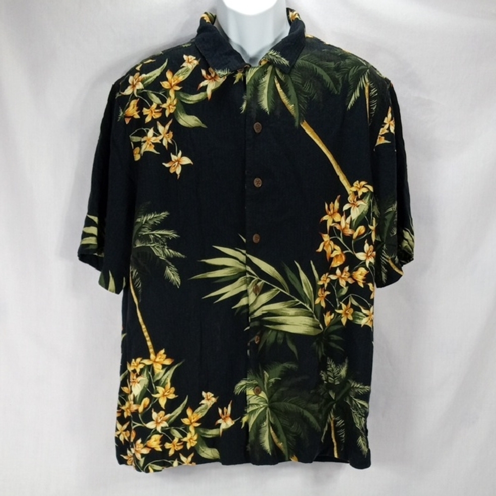Caribbean Joe Black Tropical Floral Button-Down Shirt